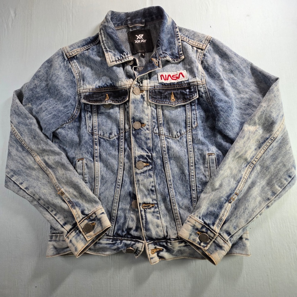 XRAY Jeans Mens NASA Acid Wash Denim Trucker Jacket Blue Small 100% Cotton